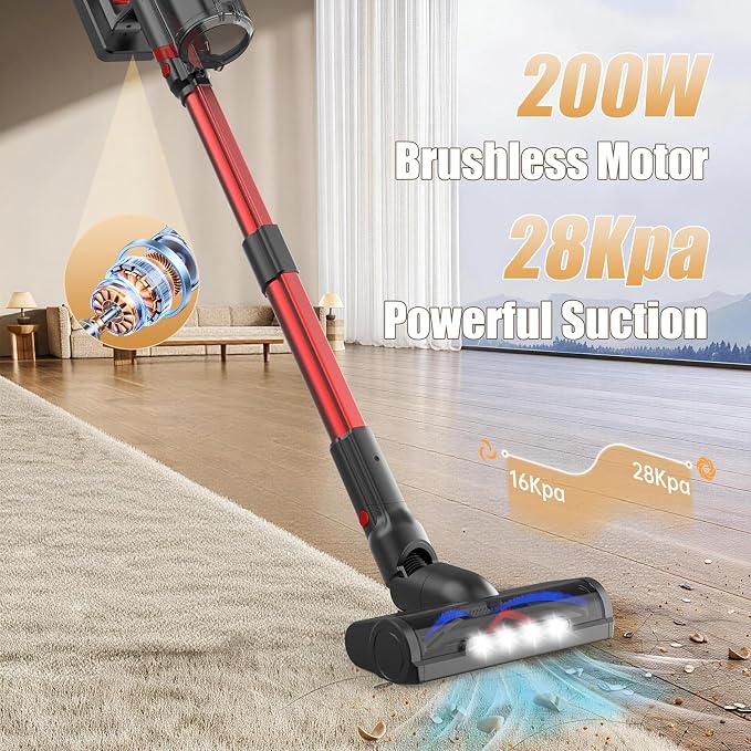Stick Cordless Vacuum Cleaners for Home 3 Suction Modes HEPA VA007 | Anti-Tangle Brush, 200W Powerful Suction, LED Light, LED Light, Touch Screen, Stick Vacuum for Home Pet Hair Floors