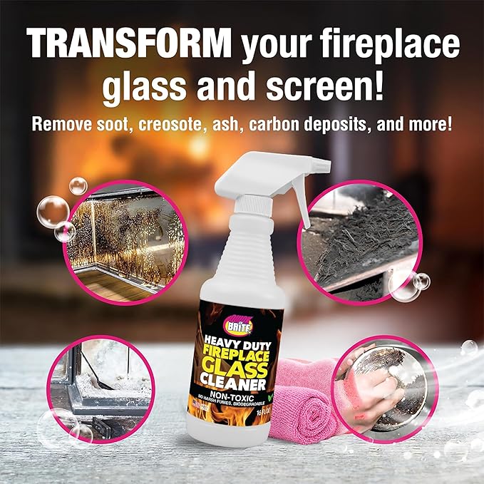 Quick N Brite Fireplace Glass Cleaner Kit with Cloth and Sponge, Removes Soot, Smoke, Creosote, and more, 16 oz, 1-Pack