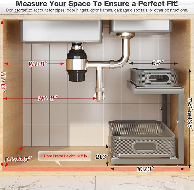 2-Pack 21.3 IN Depth Under Sink Organizer With Next-Gen Ball-Bearing Slides,Sophisticated Mesh 2-Tier Pull Out Shelf for Kitchen & Bathroom,Fits Small Items-Gun Gray