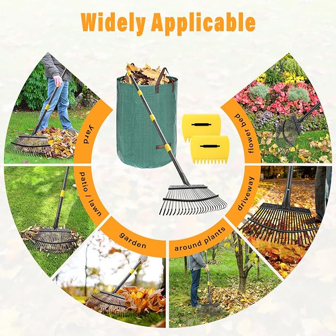Rake for Leaves - 25 Tines Heavy Duty Metal Rake Set with Leaf Scoops & Collector Bag, Adjustable Rakes for Lawns, 3-in-1 Leaf Collection Tool for Efficient Yard Pine Needle Grass Cleanup 5FT