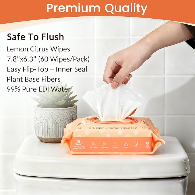WONDERFUL Flushable Butt Wipes, Lemon Citrus 100% Plant-Based Wet Wipes for Adults & Kids; Sewer, Septic Safe; Gentle for Sensitive Skin, Wipes Flushable Pack for Bathroom & Travel, 1-Pack (60 Count)