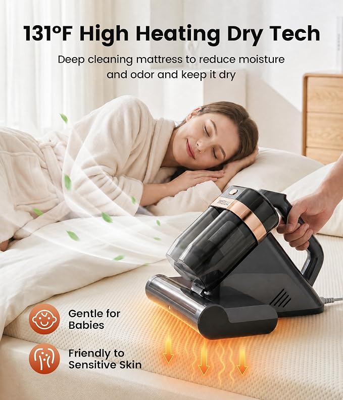 Mattress Vacuum Cleaner, 15Kpa Bed Vacuum Cleaner with UV-C Light Technology & Thermal Care, HEPA Filter & Ultrasonic, Versatile Handheld Vacuums Machine Deep Cleaner for Bed, Couch, Sofa, Crib