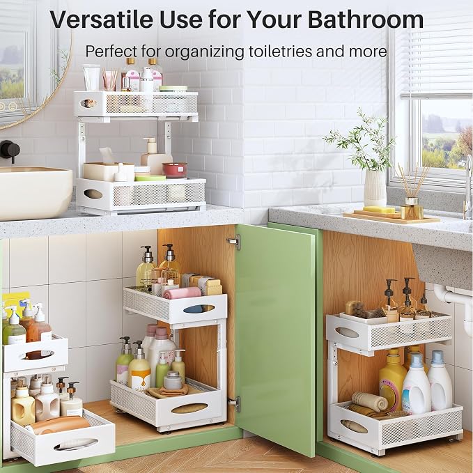 Under Sink Organizer, 2 Tier Pull out Cabinet Organizer Baskets with Mesh Sliding Drawers, Slide out Storage Shelf for Home, Kitchen, Bathroom, Pantry, Office Cabinet(1 Pack, White)