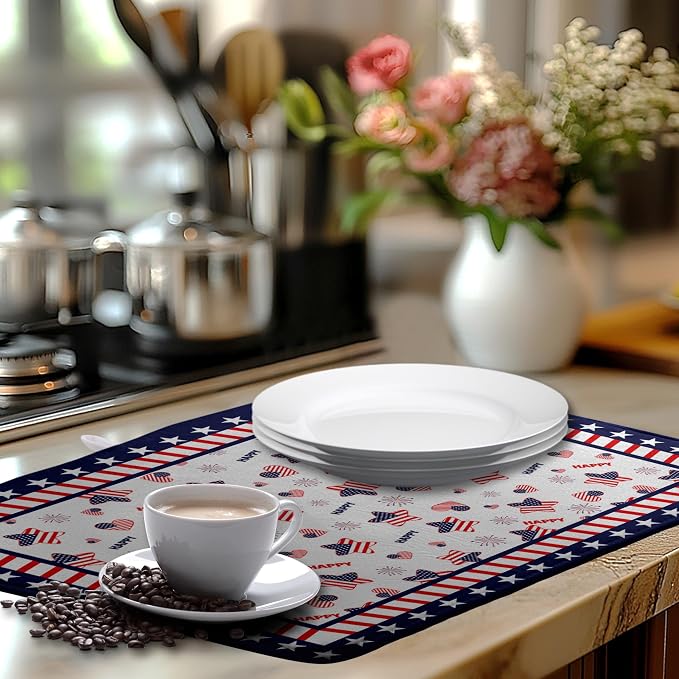4th of July Dish Drying Mats for Kitchen Counter Patriotic Independence Day Kitchen Dishes Dryer Pad Stars Absorbent Dish Mat Microfiber Washable Foldable Reusable Large 18x24 in