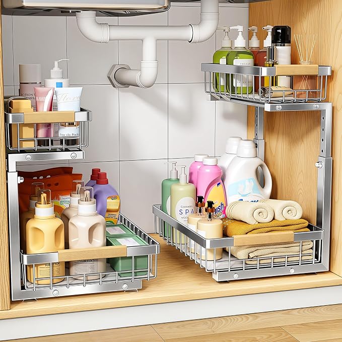 PXRACK Under Sink Organizer, Adjustable Height, 2 Tier Pull Out Cabinet Organizer, Slide Out Thickened Metal Storage for Kitchen Bathroom Laundry Pantry Cabinet, Stainless Steel, Silver, Large-2-Pack