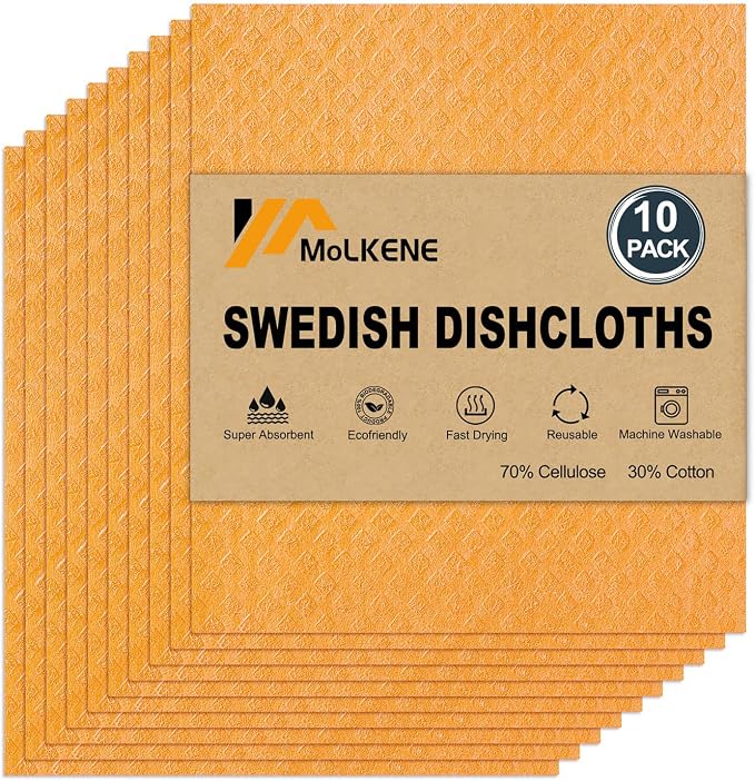 MoLKENE Swedish Dishcloths - 10 Pack Reusable Kitchen Dishcloths - Ultra Absorbent Dish Towels for Washing Dishes - Cellulose Sponge Cloth Cleaning Cloths - Orange