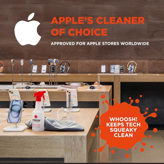 WHOOSH! Pro 16.9 fl oz Refillable TV Screen Cleaner & Microfiber Cloth - Streak-Free Cleaner for Flat Screens, OLED, LCD, Smart TV, Monitors - Non-Toxic, Odorless - Electronics Cleaning Kit
