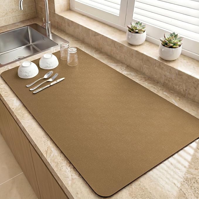 LOPNUR Kitchen Dish Drying Mat, 31.5"x17" Dish Drying Mats for Kitchen Counter, Diatomite Coffee Mat, Super Absorbent Dish Drying Pad, Heat Resistant Mat with Anti-slip Rubber Backed, Brown