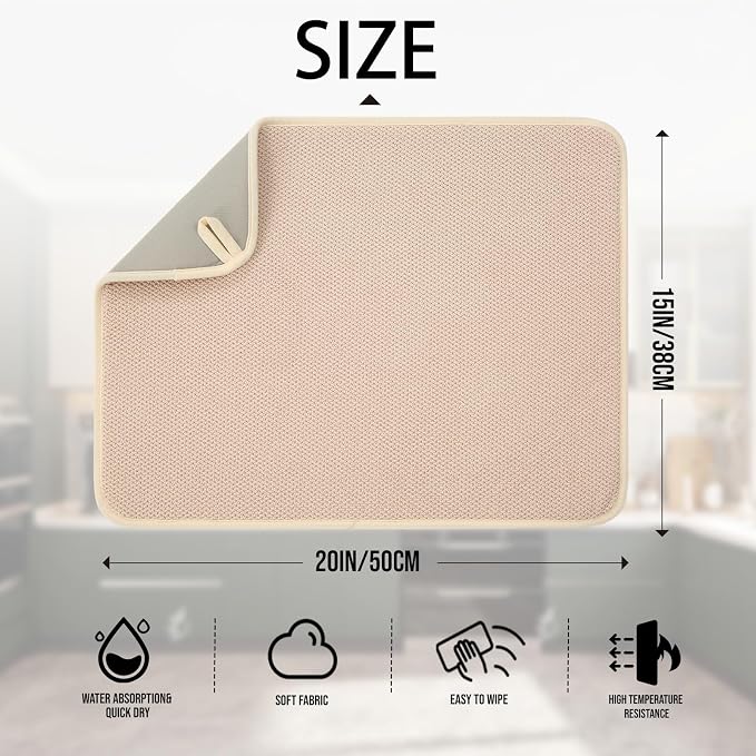 2 Pack Microfiber Dish Drying Mat for Kitchen Counter,Ultra Absorbent Dish Drainer Mat ,Dish Drying Pad ,Dish Rack Mat 20×15 Inch (Beige)