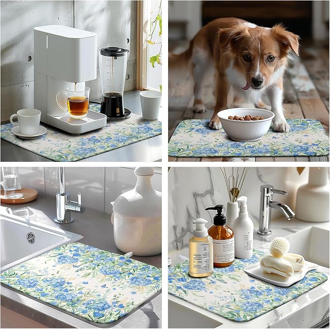 Blue Hydrangea Floral Dish Drying Mat for Kitchen Counter Spring Butterfly Flower Drainer Mat Absorbent Reversible Microfiber Heat Resistant Dry Pad Reusable Washable Dishes Pad 16x18 Inch