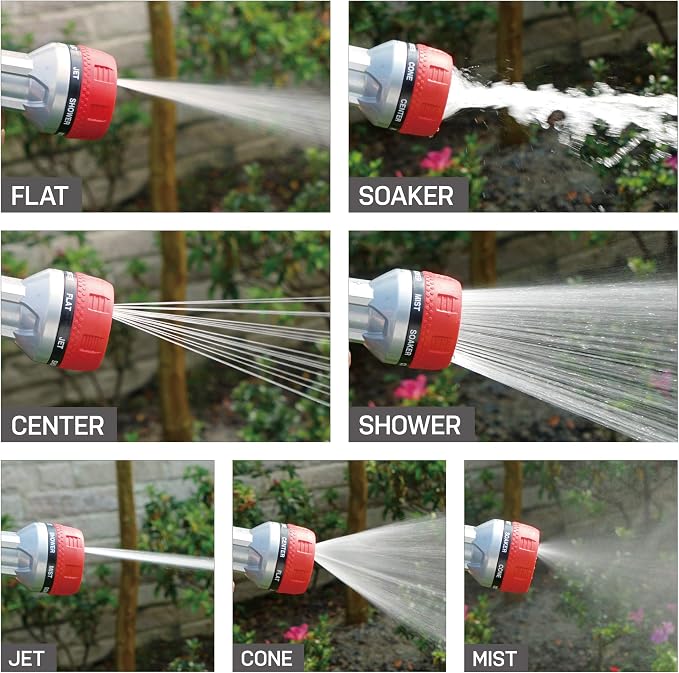Eden 94805 Metal Thumb Control Heavy Duty Garden Hose Nozzle, High Pressure Water Sprayer W/ 7 Adjustable Patterns, W/Quick Connect Set for Plants, Lawn, Garden