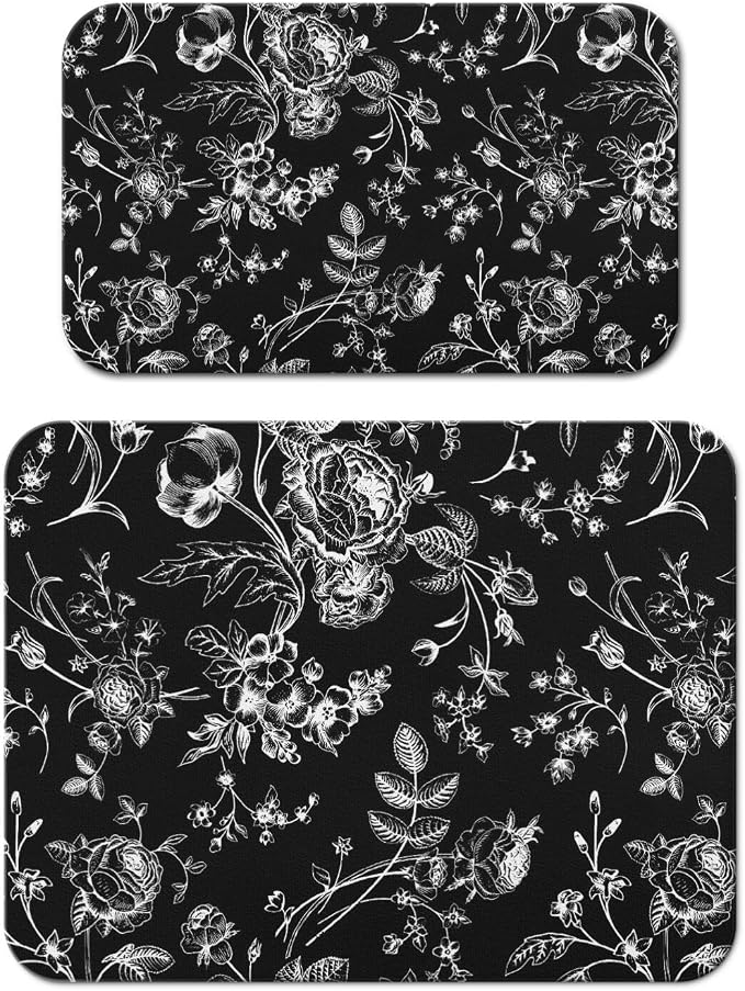 Dish Drying Mat 2-Pack in Black White Floral for Kitchen Counter Dishes | Diatom Mud Mats (18x24, 19.5x12"). Non-slip rubber back for kitchen counter, coffee bar & sink scenes
