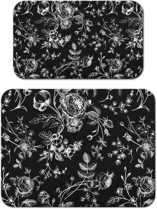 Dish Drying Mat 2-Pack in Black White Floral for Kitchen Counter Dishes | Diatom Mud Mats (18x24, 19.5x12"). Non-slip rubber back for kitchen counter, coffee bar & sink scenes