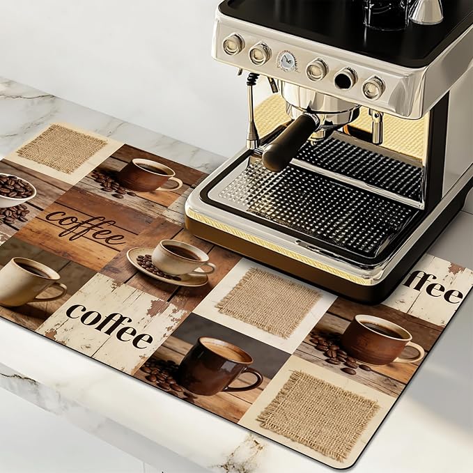 Dish Drying Mat Large Coffee Mat Absorbent Drying Mat for Kitchen Counter Coffee Bar Accessories 32"x 17", Retro Wood Grain Collage