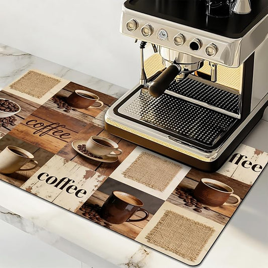 Dish Drying Mat Large Coffee Mat Absorbent Drying Mat for Kitchen Counter Coffee Bar Accessories 32"x 17", Retro Wood Grain Collage