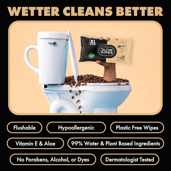 DUDE Wipes Morning Grind Flushable Wipes - Coffee Scented Extra-Large Adult Wet Wipes - 6 Pack (288 Count) - Infused with Coffee Oil, Vitamin E, and Aloe - Septic and Sewer Safe