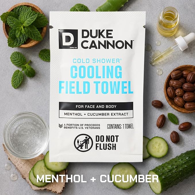 Duke Cannon Cold Shower Cooling Field Towels, 15 Count, 1 Box | Menthol, aloe and jojoba provide instant cooling and cleansing with 15 individually wrapped towels in a resealable pouch.