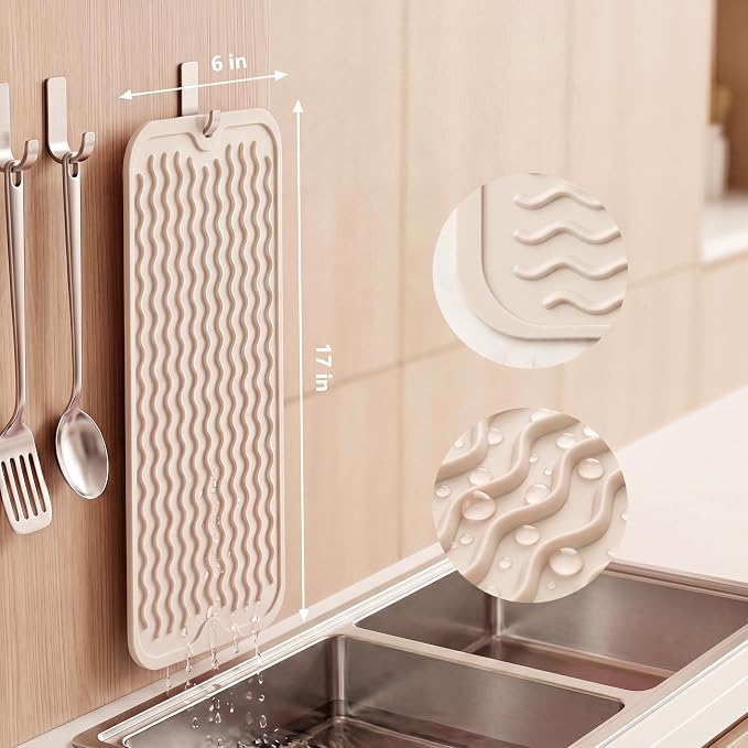 MicoYang Silicone Dish Drying Mat for Multiple Usage,Easy clean,Eco-friendly,Heat-resistant Silicone Mat for Kitchen Counter,Sink,Bar,Bottle,or Cup Tapioca M 17 inches x 6 inches
