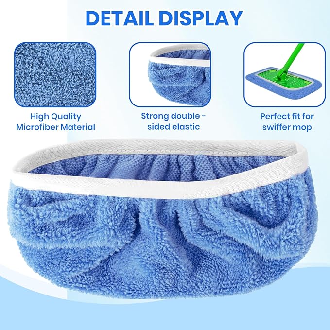 6 Pack Reusable Microfiber Mop Pads - Compatible with Sweeper, Reusable Mop Pads, Washable Dry Cloths & Wet Pads Refill for Hardwood Laminate Tile Floor Cleaning (6, Blue, M)