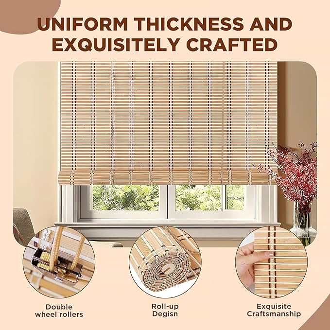 Bamboo Blinds for Interior Windows, 45"W X 48"H Bamboo Roller Shades Indoor | Roll Up Shades Light Filtering for Outdoor Patio, Decks, Porch, Backyards Natural Bamboo Material, Easy to install