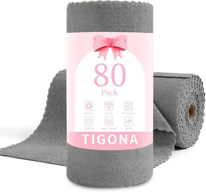 80 Pack Microfiber Cleaning Cloth Roll,Lint Free Rags & Tear Away Reusable Towels Washable Scratch,Ultra Absorbent Dish Rags(12" x 12") for Car Kitchen Home Garage-Dark Gray