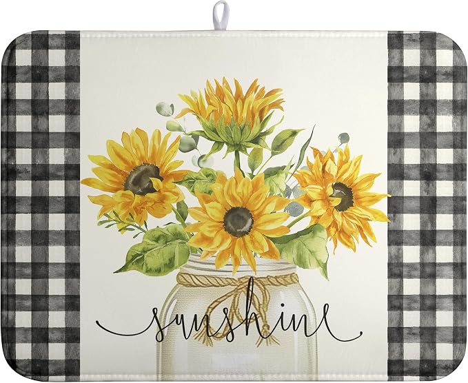 Summer Sunflower Dish Drying Mats for Kitchen Counter Spring Sunshine Kitchen Dishes Dryer Pad Flowers Absorbent Dish Mat Microfiber Washable Foldable Reusable Large 18x24 in