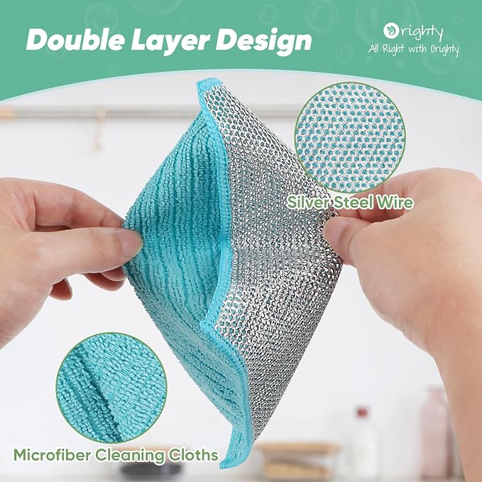 Orighty Multipurpose Wire Dishwashing Rag, 48 Pcs Upgraded Double-Layer Non-Scratch Wire Dish Cloths, Reusable Steel Scrubber Dishcloth Rags for Kitchen, Cookware, 7"x8", Multicolor