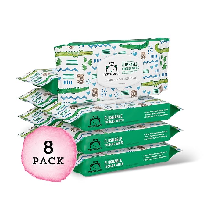 Amazon Brand - Mama Bear Flushable Toddler Toilet Wipes, Unscented, Formulated without Fragrance, Hypoallergenic, Septic Safe, 336 Count, 8 Packs of 43