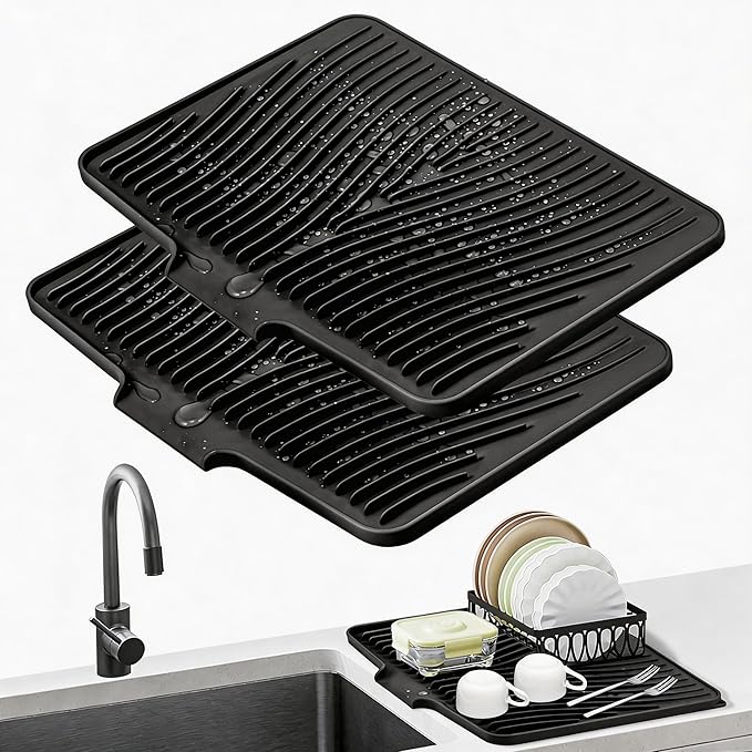 TIKNIK Silicone Dish Drying Mat for Kitchen Counter - Heat Resistant & Non-Slip Dish Drain Pad with Built-In Drain, Dishwasher Safe, Quick-Dry, Hangable & Roll-Up for Storage, Black-2pcs, 20" x 15"