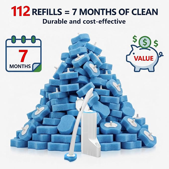 Disposable Toilet Brush and Holder Set with 112 Toilet Bowl Wand Refills | Wall-mounted Toilet Scrubber Kit-16.81" ABS Handle&Holder, 112 Sponge Brush Heads for House, Apartment, RV Bathroom Cleaning