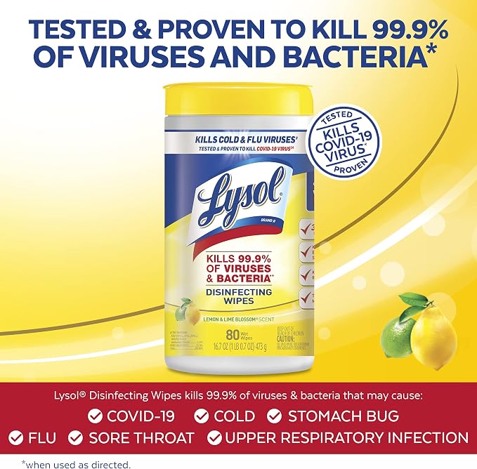 Lysol Disinfectant Wipes, Multi-Surface Antibacterial Cleaning Wipes, For Disinfecting and Cleaning, Lemon and Lime Blossom, 80 Count (Pack of 4)