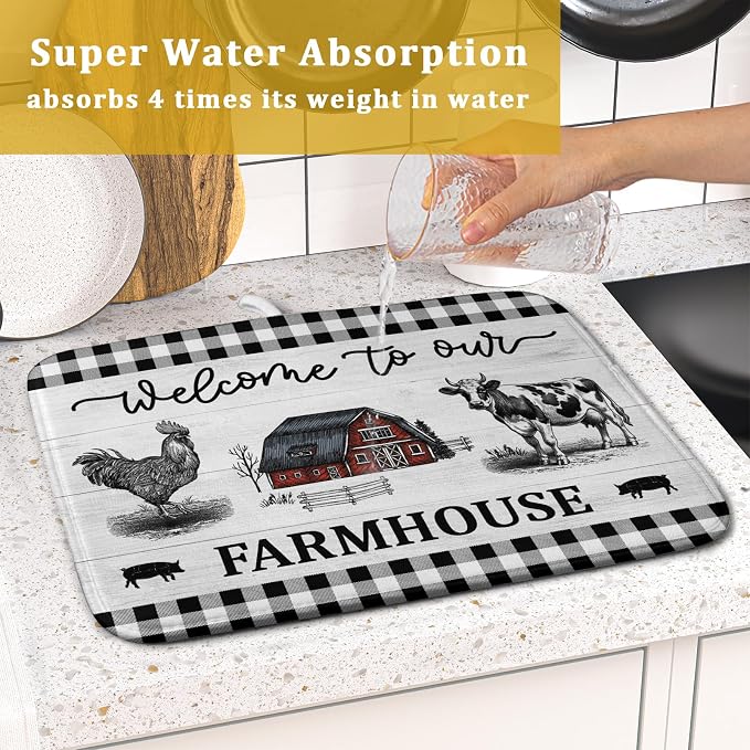 Farmhouse Barn Dish Drying Mat 16x18 Inch Cow Rooster Absorbent Microfiber Dish Drainer Rack Pad Bottles Protector for Kitchen Counter