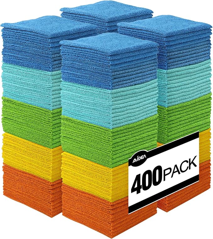 AIDEA Microfiber Cleaning Cloth, 400PK, Soft Absorbent Rags, Microfiber Towels for Cars, Kitchen Towels, Dusting Cloth for Home, Window, Cleaning Supplies, 12"×12"