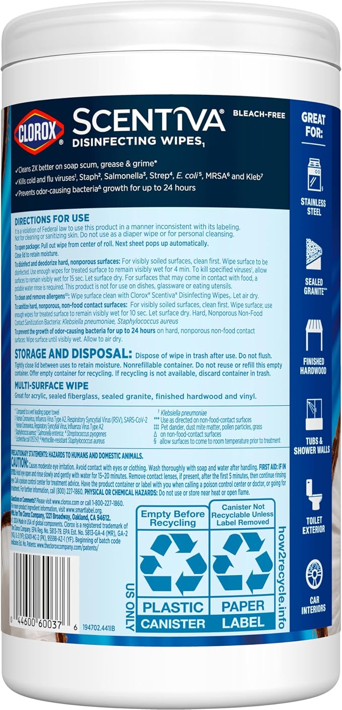 Clorox Scentiva Disinfecting Wipes, Coconut and Waterlily, Antibacterial, 75 Count