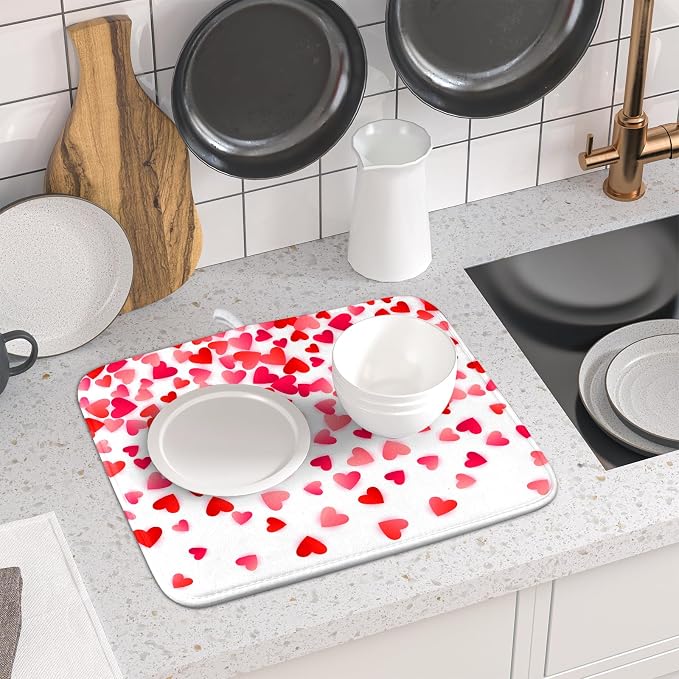 Valentines Dish Drying Mat for Kitchen Counter Hearts Holiday Microfiber Absorbent Dish Draining Reusable Washable Foldable 16"x18"