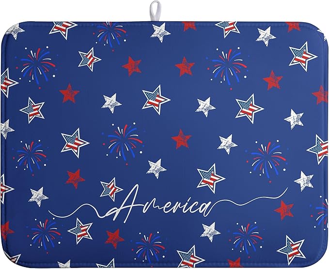4th of July Dish Drying Mat America Stars Fireworks Blue Drying Mat 18x24 Inch Patriotic Memorial Independence Day Microfiber Absorbent Dish Drainer Rack Mats for Kitchen Counter
