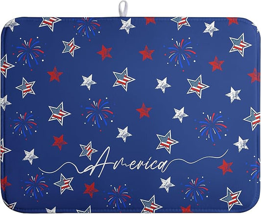 4th of July Dish Drying Mat America Stars Fireworks Blue Drying Mat 18x24 Inch Patriotic Memorial Independence Day Microfiber Absorbent Dish Drainer Rack Mats for Kitchen Counter