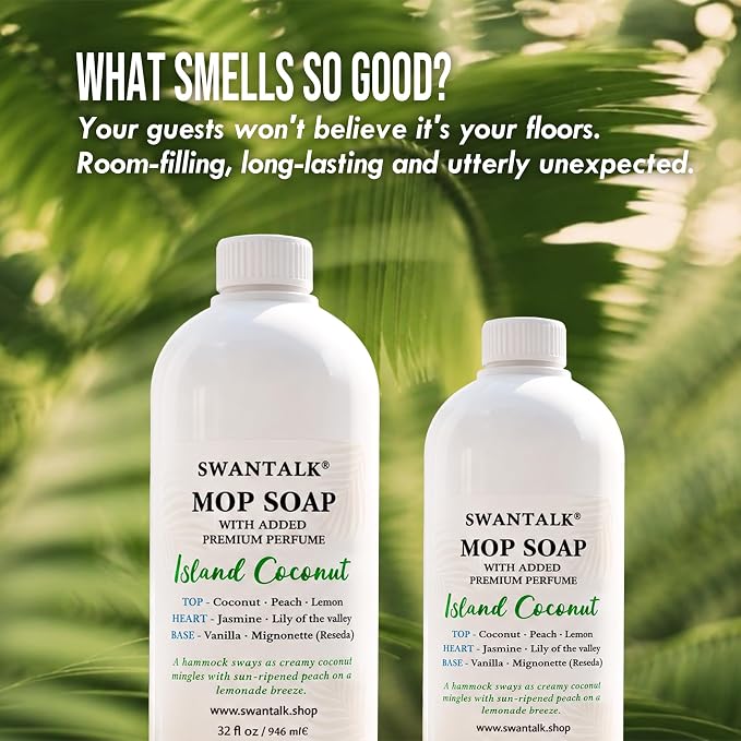 Premium Mop Soap Highly Scented, Odor-Eliminating Floor Cleaner for Mopping Hardwood, Tile, LVP, Laminate, 4X Concentrated Formula, Streak-Free No Residue, Pet Safe, 32oz (Island Coconut)