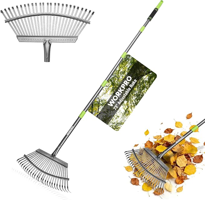 WORKPRO Rakes, Small Leaf Rake with 73” Adjustable Long Handle | Narrow Metal Garden Rake with 25 Steel Tines, Heavy Duty Rust-Resistant Lawn Rakes for Yard, Flower Beds & Tight Spaces