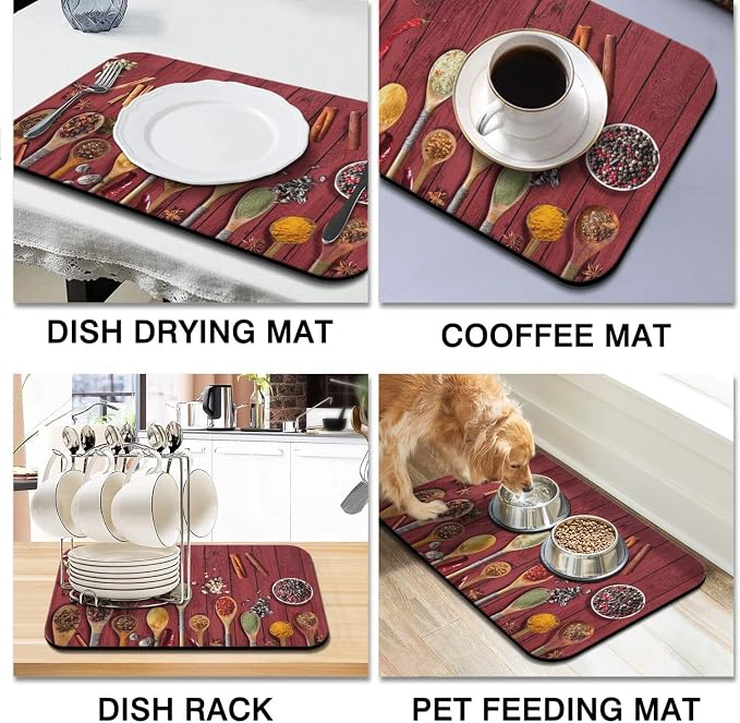 Dish Drying Mat 2-Pack in Kitchen Spices for Kitchen Counter Dishes Mat | Diatom Mud Mats (18x24, 19.5x12"). Non-slip rubber back for kitchen counter, coffee bar & sink scenes