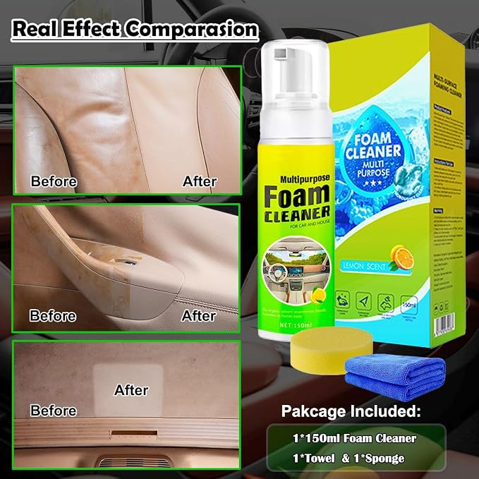 Car Interior Cleaner Foam - Car Dashboard, Seat, Carpet, Upholstery Cleaner, Auto Interior Detailing Spray Leather Vinyl Plastic Cleaner - Remove Stain & Grime & Grease - 150ml