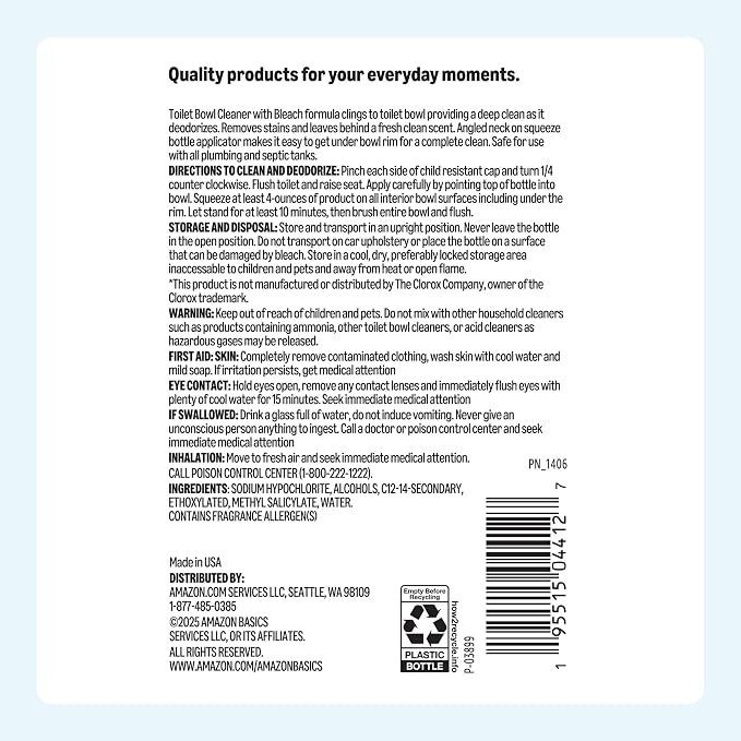 Amazon Basics Toilet Bowl Cleaner with Cling Action Formula, Bleach, Fresh Scent, 24 Fl Oz, Pack of 2, Packaging May Vary