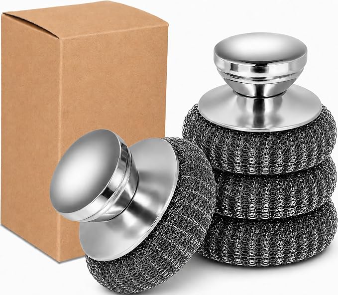 4Pcs Steel Wool Scrubber Set, Stainless Steel Scrubber with Stainless Steel Handle, for Cleaning Dishes, Cast Iron, Stock Pots, Pans, Griddles, Grills