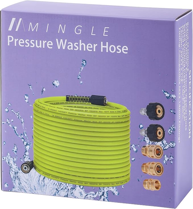 M MINGLE Pressure Washer Hose 50 FT x 1/4", M22 14mm Fittings, 3600 PSI | Replacement Power Wash Hose with 3/8" Quick Connect Kits, Kink Resistant, Ideal for Car, Driveway, Siding & Patio Cleaning