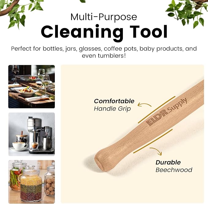 ELDR Supply Bottle Brush, 14in Extra Long German Beechwood Handle, Strong Hemp Bristles, Zero Waste, Cleans and Scrubs Hard to Reach Wide Mouth Jars, Glasses, and Tumblers