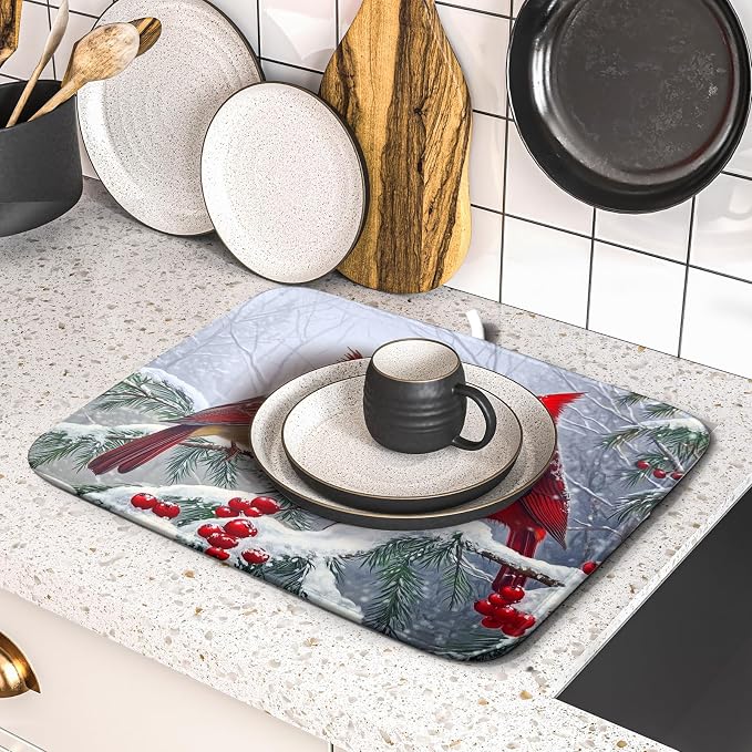 Christmas Bird Dish Drying Mat for Kitchen Counter 16 x 18 Inches Red Winter Absorbent Reversible Microfiber Mats for Berry Dish Rack Pad Drainer Mat for Coffee Bar Decor
