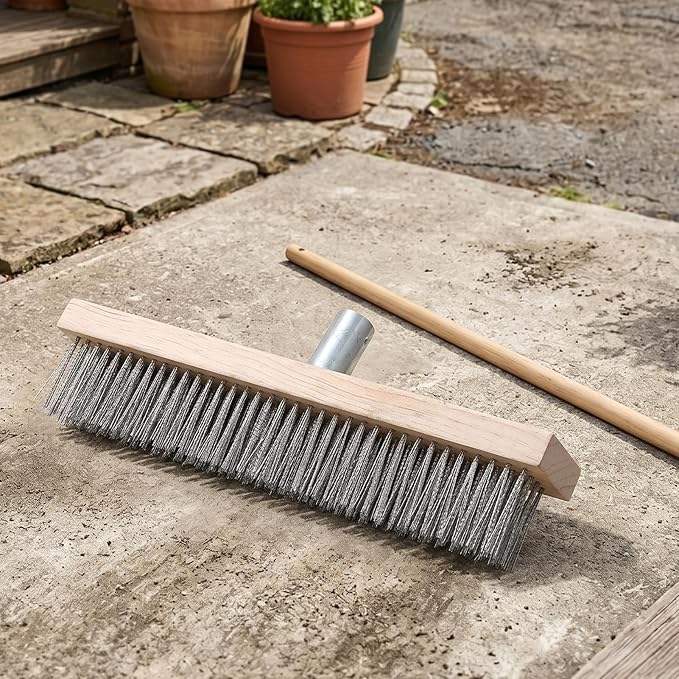 Hyuduo Floor Scrub Brush Heavy Duty Stainless Steel 30CM Rough Surfaces Scrub for Driveway Patio Deck Tile Outdoor Cleaning Brush with Pine Wood Handle