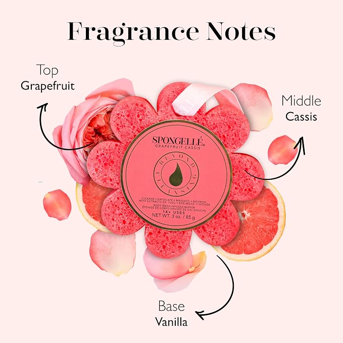 Spongellé Grapefruit Cassis Wild Flower Bath Sponge | Built-in Body Wash & Body Scrubber, Shower Loofah Sponge for Women | 14+ uses