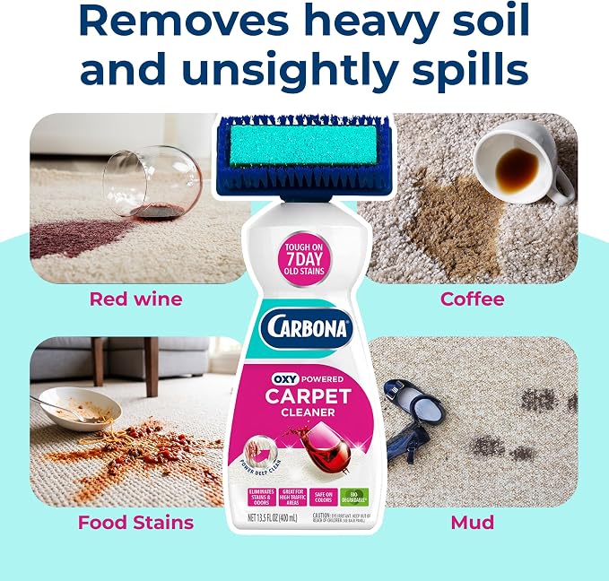 Carbona 2-in-1 Oxy-Powered Carpet Cleaner (13.5 Fl Oz), Spot Cleaner with Dual Sponge & Bristle Applicator for Targeted Cleaning, Fast Formula