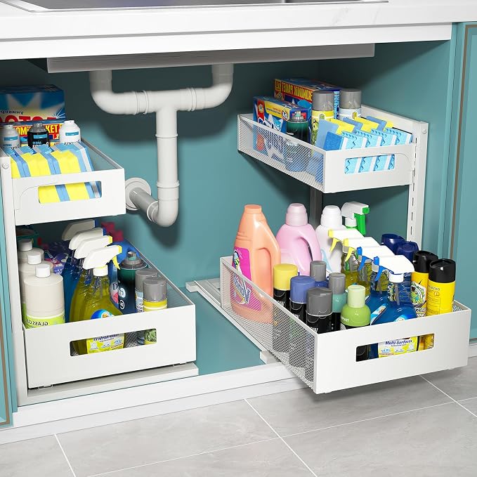 TISTAYA Under Sink Organizer, Bathroom Organizers and Storage, Cabinet Organizer Pottery Barn Furniture for Kitchen, Bathroom, Pantry, Laundry, Study, White，1XL, 2PCS